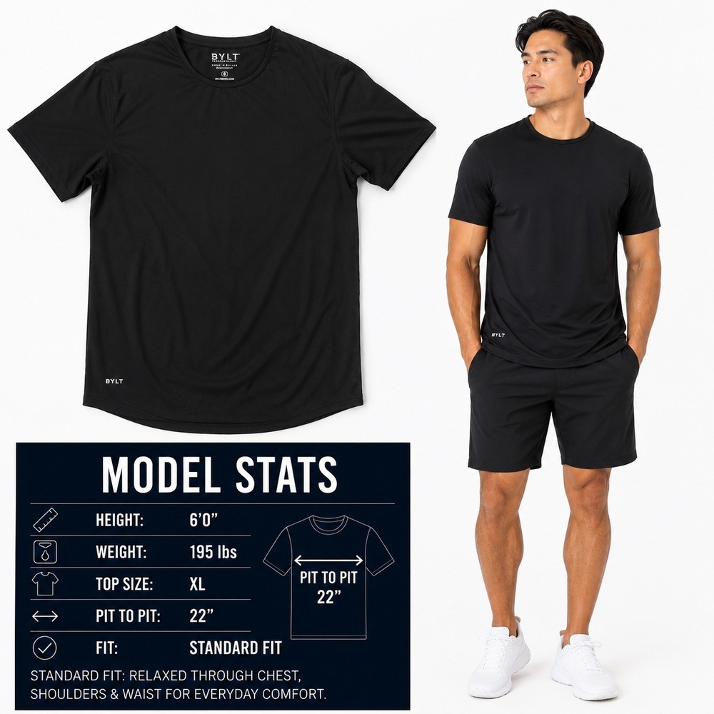 BYLT Premium Basics Men XL Drop Cut Performance Short Sleeve Shirt Black 853